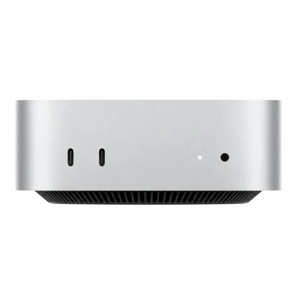 Mac mini M4 family front with two USB-C ports and headphone jack