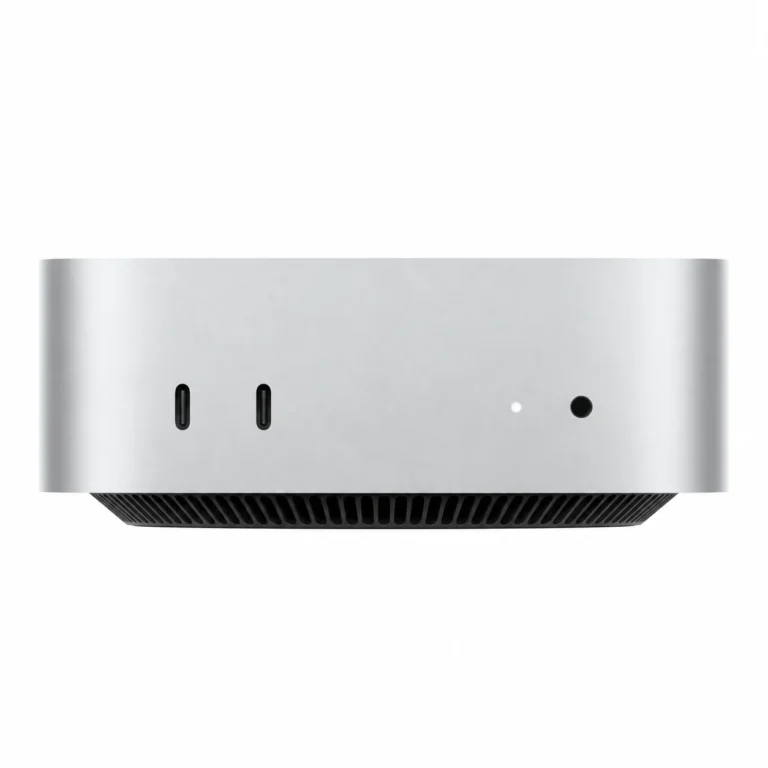 Mac mini M4 family front with two USB-C ports and headphone jack
