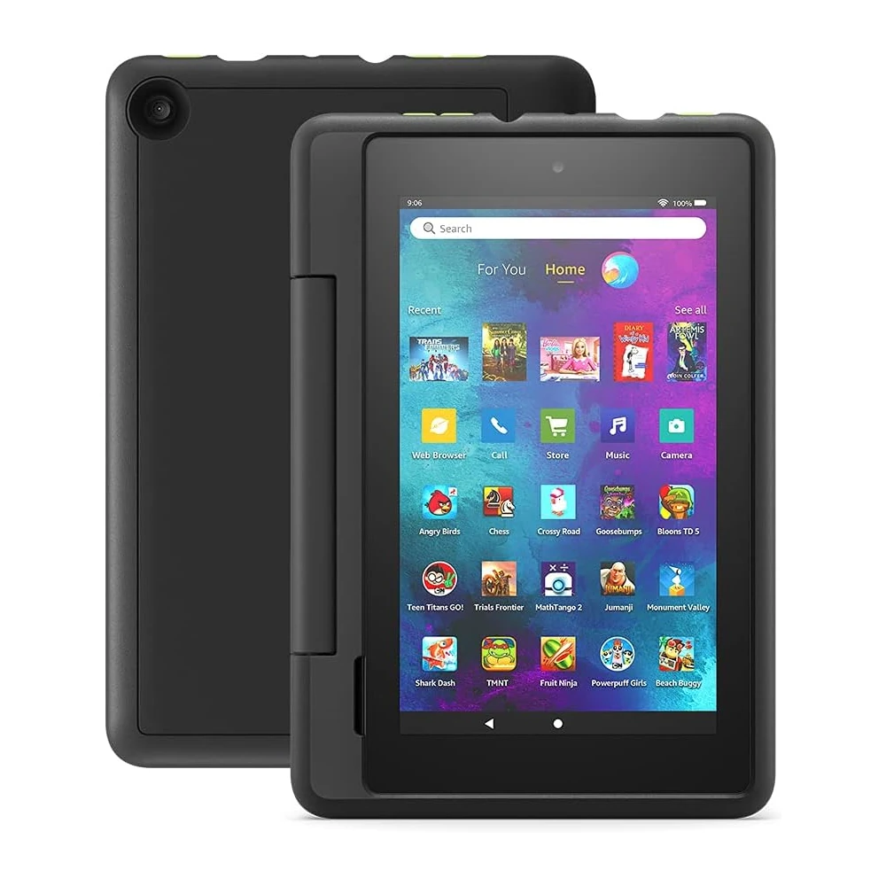 Amazon Fire 7 Kids Pro: black case front and rear views