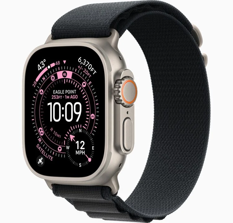 Apple Watch Ultra 3 49mm Natural Titanium with Black Alpine Loop — angled view
