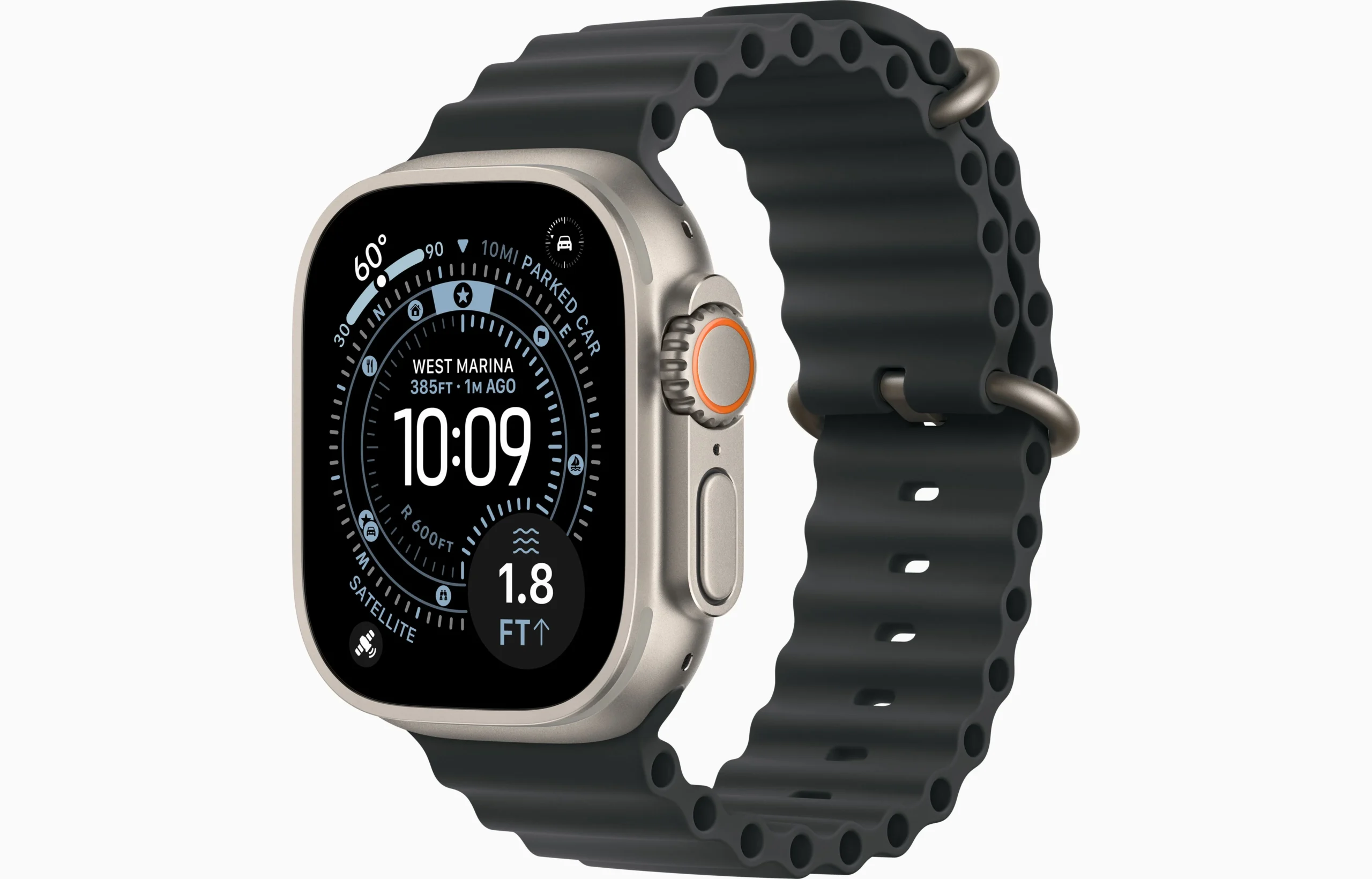 Apple Watch Ultra 3 49mm Natural Titanium with Black Ocean Band — angled view
